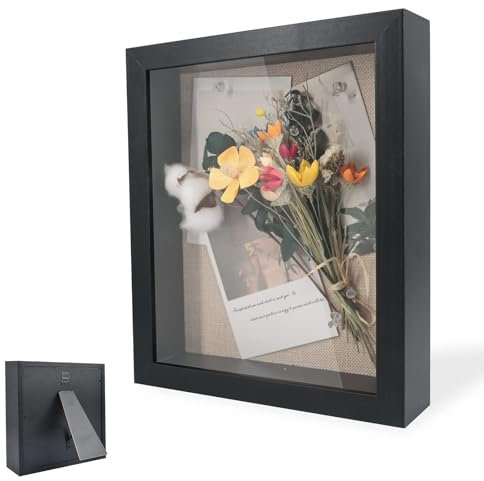 Bilderrahmen zum Befüllen, Tiefer Bilderrahmen zum Befüllen 25 x 25 cm, mit Transparente Acrylplatte, 3D Objektrahmen Tiefer 3cm, für Blumen, Hochzeitsgeschenk, Schwarz