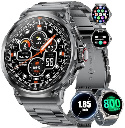 SUNKTA Reloj Inteligente Hombre con 3 Cinturini,800 mAh,1.85 Smartwatch para Android iOS con Llamadas, 5ATM Impermeable Pulsera Actividad 123 Modos Deportivos,24/7 Pulsómetro SpO2,Monitor Sueño