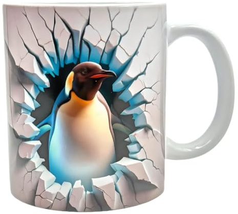 Shopi Zone Taza de cerámica de 325 ml con diseño 3D de pingüino realista - efecto pared rota - taza original para amantes de animales y naturaleza