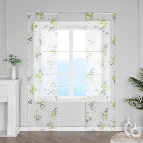 Weiße Schiebegardinen 2er Set Scheibengardinen mit Stange für Wohnzimmer Sheer Gardinen mit Band Gardinenpaneele Transparent mit Grün Blumenmuster 57x145cm 2 Stücke