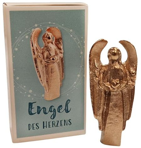 Kleiner Schutzengel Engel des Herzens und der Liebe 7,5 cm Gold aus massiver Bronze als Geschenk zu Weihnachten oder zum Geburtstag, Kommunion Figur