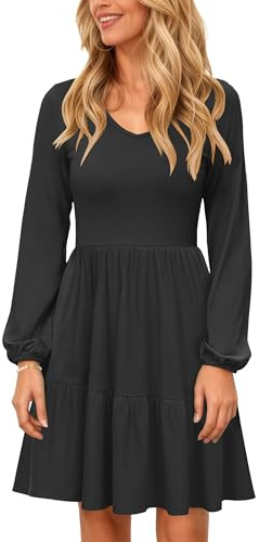 PLOKNRD Women V-Neck Dress Casual Long Sleeve with Pockets Midi Elegant Tiered Ruffle Skirt A-line High Waist Black M