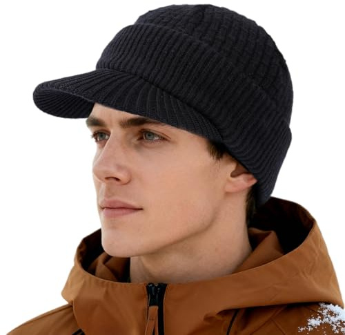 TOP-EX PolarWool™ 50% Merinowolle Wintermütze Herren & Damen Schirmmütze, Warm Beanie Mütze mit Schirm, Unisex gefütterte Strickmütze für Outdoor Running Hiking Sportarten, Winddicht, Schwarz L