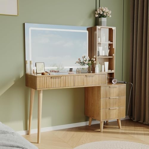 Solarka Fluted Vanity Desk – 122cm Makeup Table with Charging Station (UK Plug), 92cm LED Mirror, Glass Door Display Cabinet, Tempered Glass Top, 5 Drawers & 3-Tier Shelves for Bedroom