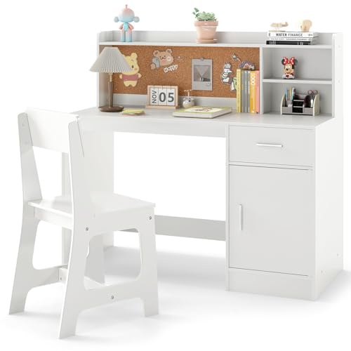 LIFEZEAL Scrivania e Sedia per Bambini, con Cassetto, Armadietto, Ripiano, Bacheca, Sedia con Schienale, Tavolino da Studio, Gioco, Banco Scuola per Ragazzi, in Legno, per Cameretta (bianco)