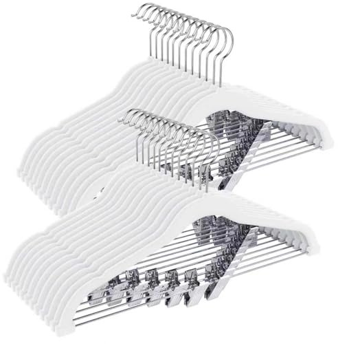 Korpai 24-Pack White Velvet Hangers with Clips Adjustable,Outfit Hangers,Heavy-Duty,Non-Slip,Space Saving, Felt Hanger for Pants, Skirts, Suits,Coats, Dresses ect.