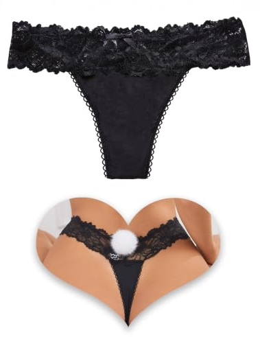 VORHELOVE Women's Lace Thong Knickers Low Rise G-String with Pom Pom Black
