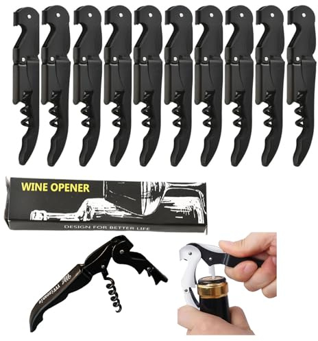 Abridor de Botellas de Vino,70G Engrosado Acero Inoxidable Doble Bisagras Llave con Lámina Cutte Para Camareros de Restaurante, Camarero Profesional Sacacorches Vino Abredores Conjunto (10PCS, Negro)