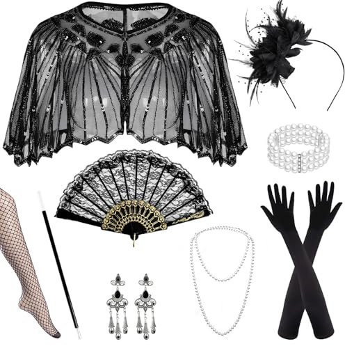 Grantop 9 teiliges 1920er Jahre Accessoires Set Damen Flapper Kostüm mit,Perlenkette,Handschuhe, Ohrringe,Fächer,Netzstrümpfe,Stock Vintage Flapper Accessoires für Charleston Party
