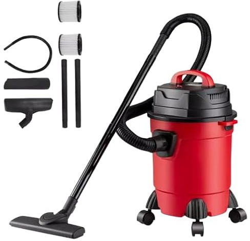 Powerful 1500W Wet & Dry Vacuum Cleaner, 15L Cylinder Vac for Home, Garage & Workshop, Compact Bagless Design with Reusable Filter & Floor Brush, Red/Black, Corded