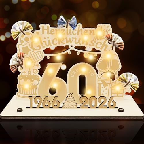 GothicBride 60 Geburtstag Frauen Geschenk Männer, 2026 Geldgeschenke | 60 Geburtstag Deko Geschenke Holz Schild Gästebuch mit LED Lichterkette, Personalisiertes Geschenke zum 60 Geburtstagszahlen