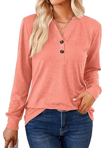 Women's V Neck Long Sleeve Shirts Fall Fashion Loose Fit Dressy Tops Trendy Button Tunic Blouse Cute Work Outfits (Pink,X-Large)