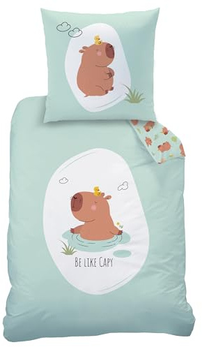 MTOnlinehandel Capybara Ropa de cama de 135 x 200 + 80 x 80 cm, algodón reforzado, certificado Öko-Tex, cierre de cremallera, diseño de capibara Be Like Capy, regalo para niños y adolescentes