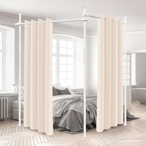Hebitod Raumteiler Paraventgestell Gardinenstangen, Freistehend Trennwand Paravent ohne Vorhang, Raumtrenner ohne Bohren, Sichtschutz für Schlafzimmer, 122–320 cm (H), 70–355 cm (B), Weiß