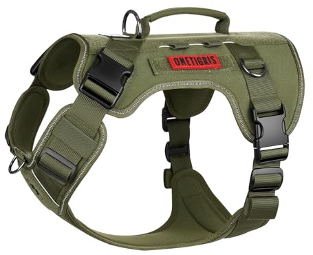 OneTigris Hundegeschirr Große Hunde, TACTILITE Taktisches Langlebig Anti Zug Geschirr, No Pull Verstellbar Brustgeschirr mit 4 D-Ringe, Reflexstreifen Grün L