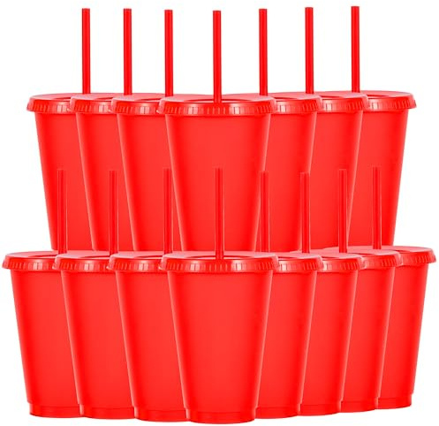 Yisituo Bicchieri per bambini con coperchio e cannuccia, 15 bicchieri di plastica, 486 ml, per feste, campeggio, viaggi (15, rosso)