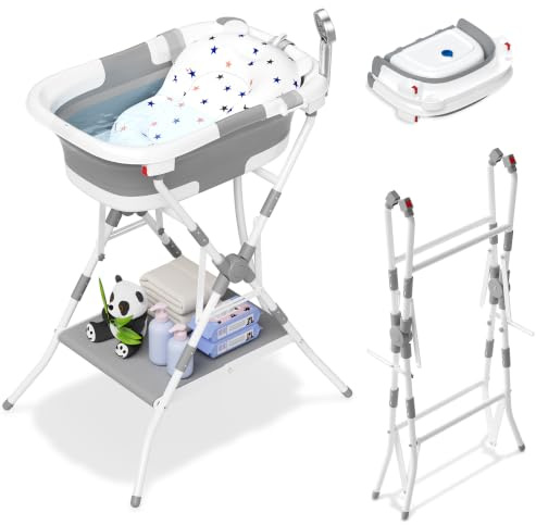 Rabb 1st Faltbare Babybadewanne mit Gestell, Babywanne mit Rutschfestem Ständer und Badematte, Baby Badewanne mit Speicherplattform für Neugeborene und Kleinkinder Gräulich Weiß