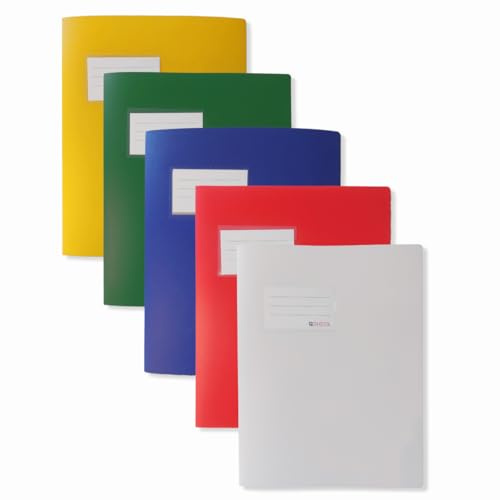 Rheita | stabile Plastik Schnellhefter 5er Set für Format A4, aus stabilem PP, mit Namensschild, mit Einstecktasche innen, rot, gelb, grün, blau, und weiß (5 Farben)