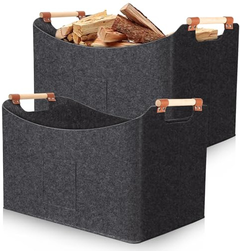 Juego de 2 cestas de fieltro para leña – Bolsas de almacenamiento de leña extragrandes de 67 L y 96 L con asas de madera resistentes, 5 mm de grosor, resistentes, plegables, para chimenea, lavandería