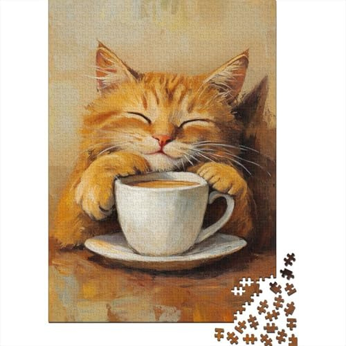 Chat Apaisant Puzzle 1000 Pièces Papier pour Adultes Exercice Cérébral Tasse Café Chat Décoration Murale Cadeau 70x50cm/1000pcs