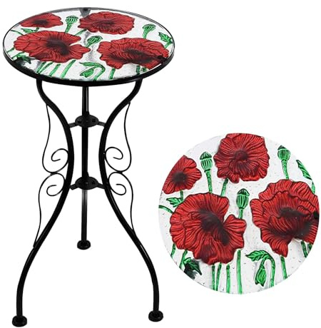 GEEZY Mosaic Garden Table – Poppies Design, Weatherproof Glass & Iron, Small Round Outdoor Patio Coffee Versatile Bistro Side Table Plant Stand for Home & Gift, 30.5 cm Diameter, Garden Tables Only