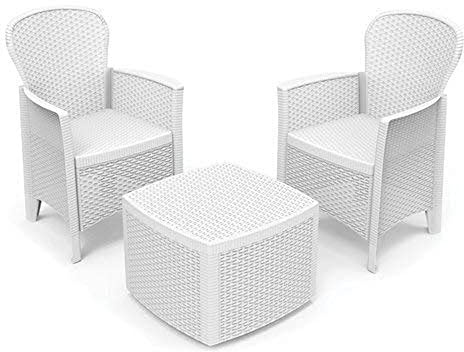 Dmora - Outdoor-Lounge-Set Napoli, Gartenkomposition mit 2 Sesseln und 1 Aufbewahrungstisch, Lounge mit Rattan-Effekt, 100 % Made in Italy, Weiß