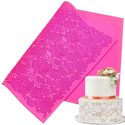 TROYSINC Blume Muster Silikon Spitze Matte,Spitzen-Kuchenform,Fondant Prägematte Strukturmatte Spitze Geprägte Kuchenform,Für Tortendeko Spitze Effekt Fondant Klassisch Muster, Rosa