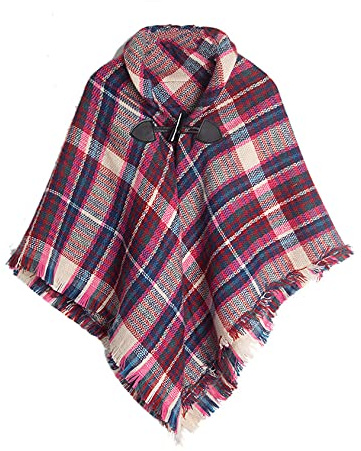 CXINS Girls Kids Fall Knitted Pullover Sweaters Horn Button Poncho Tassel Plaid Cloak Cape Pink One Size