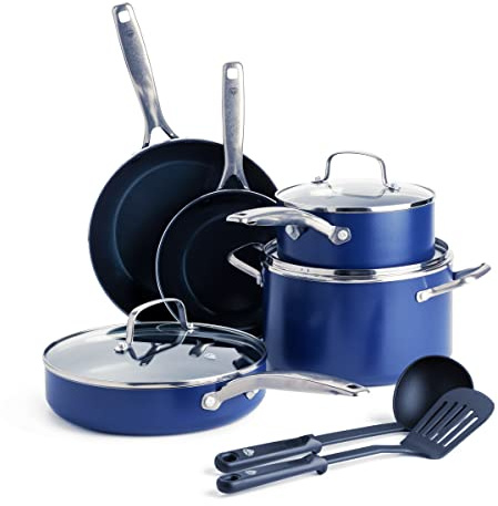 Blue Diamond Cookware Diamantstruktur Keramik Antihaft, 10-teiliges Topf- und Pfannenset, Enthält Bratpfannen,Kochtöpfe, Kochtöpfe, PFAS-frei, spülmaschinenfest, backofenfest, Blau