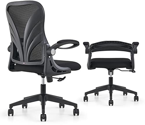 HOLLUDLE Ergonomischer Bürostuhl mit Klappbarer Rückenlehne, Schreibtischstuhl mit Erweitertem Sitz(52 cm), Hochklappbaren Armlehnen und Mesh Lendenwirbelstütze Drehstuhl Computerstuhl, Schwarz