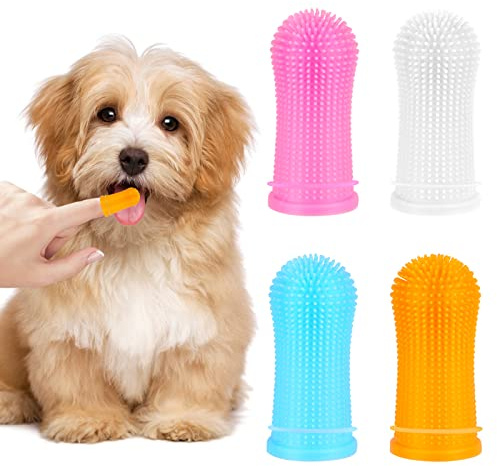 4 Pezzi Spazzolino per Cani e Gatti in Silicone Riutilizzabili - Con Scatola di Stoccaggio per Cuccioli Cura Dentale (4 Colori)