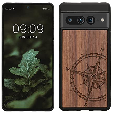 kwmobile Wood Case Compatible with Google Pixel 7 Pro Case - Cover - Navigational Compass Dark Brown