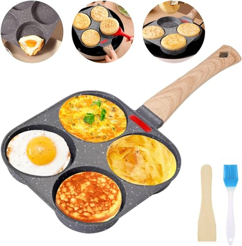 LOMUG Padella Pancake Induzione, Padella per Pancake Antiaderent Padella Frittata Colazione 4 Fori in Alluminio per Uova Crepes Hamburger Fritt per Fornelli a Induzione Gas Ceramica Elettrici Alogeni