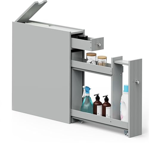 VonHaus Slim Bathroom Storage Unit - Grey Slimline Bathroom Cabinet - Narrow & Compact Bath Organiser with Drawer & Slide Out Shelving - Freestanding Shaker Style Storage - Shrewsbury