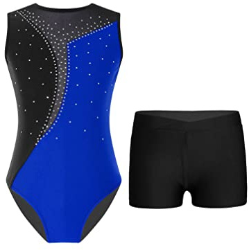 TiaoBug Enfant Fille Tenue de Patinage Artistique Justaucorps Gymnastique Strass avec Shorts Gym Léotard de Danse Ballet Ensemble d'Entraînement 5-16 Ans Bleu roi et noir F 5-6 ans