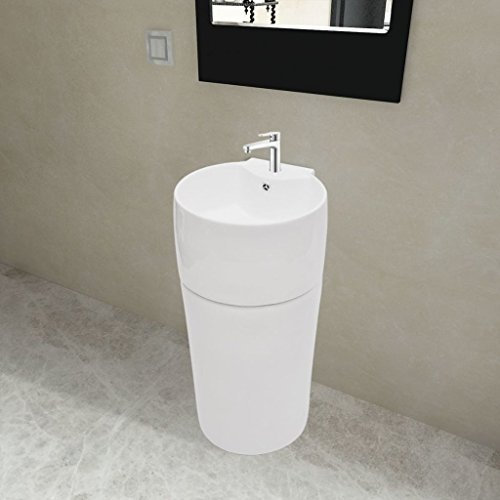 Gecheer Standwaschbecken mit Hahn, Überlaufloch, Keramik, weiß, rund, Hängewaschbecken, Aufsatzbecken, Waschplatz, Einbau-Waschbecken, für Badezimmer, Waschraum, Schminkraum