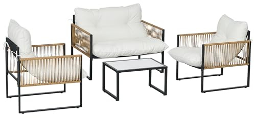 Outsunny Conjunto Jardín Exterior de Ratán, Muebles Jardín Exterior para 4 Piezas, Muebles Terraza con 1 Sofá de 2 Plazas, 2 Sillones, Cojines y 1 Mesa de Tablero de Vidrio, para Patio, Crema y Marrón