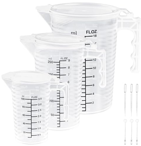 CAREDGO Lot de 3 Tasses à Mesurer en Plastique 100 ml 250 ml 500 ml, Gobelets Doseurs Gradués Tasse Doseur avec Couvercle et Poignée Gobelets Gradués en Plastique pour Laboratoire Cuisine Boulangerie