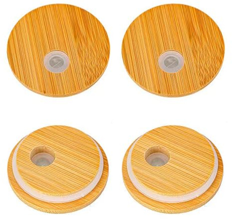 PERZOE Nachhaltiger Bambus-Glasdeckel, Silikon-Ringbecher für auslaufsichere Versiegelung, 4 Stück, mit Strohhalm-Loch-Verschluss, normale Öffnung, Gläser 2,76 Zoll, Einmach-Ersatzbier Holzfarbe