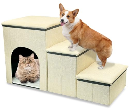 Fhiny Hundetreppe mit Stauraum, 3-stufige faltbare Haustiertreppe für kleine Hunde, rutschfeste Welpentreppe mit Höhenhaus für Hochbett & Couch, Hunderampe für alte Hunde und Katzen, hält bis zu 72,6