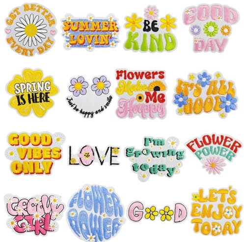 Attuslla Phrasen Patches zum Aufbügeln 16 Stück Applikation Flicken Flowers Gestickte DIY Nähen Applique Reparatur Patch