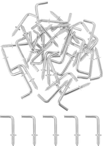 QUARKZMAN 50 Stück L-Form Schraubhaken Hakenschrauben, 9×25mm L-Förmige Kleine Schraubhaken Haken zum Schrauben Rechtwinklige Haken aus Kohlenstoffstahl Hakennägel Haken, Silber
