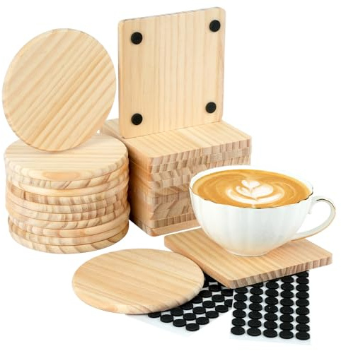 RETON 24 Stück Untersetzer Holz, 10.2cm/4in Quadratisch Rund Holzuntersetzer mit 100 weichen Fußpolstern, Glasuntersetzer Tassen untersetzer Getränkeuntersetzer für Getränken, DIY, Kunstkreation