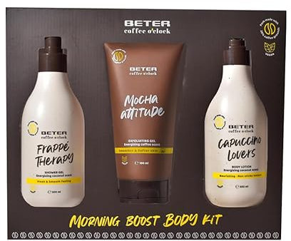 Beter - Set Cuidado Corporal Coffee O’clock, Set de Ducha 3 Piezas con Gel de Baño, Loción Corporal y Gel Exfoliante, Aroma a Café y Coco, Set de baño para mujer, Fórmulas Veganas, Set Regalo