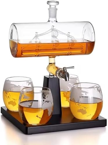 HOMESYMPHONY - Boat Whiskey Decanter Set - Nautical Glass Decanter with Ship-Inspired Design and Matching Glasses, Perfect for Bourbon, Scotch, or Whiskey Lovers.