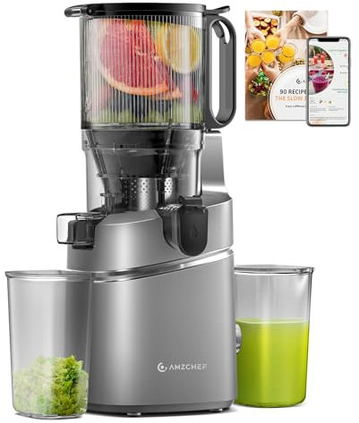AMZCHEF Automatic Cold Press Juicer Machines 250W Free Your Hands -145MM Opening and 2L Capacity Slow Juicers for Whole Fruit and Vegetable, with Triple Filter, Safety Lock, Classic Grey