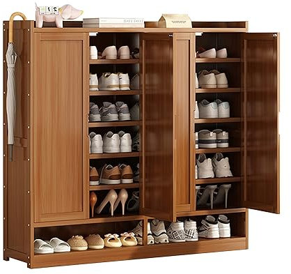 Schuhregal aus Bambus mit Rollladentüren für Eingangsbereich, Schrank, Schlafzimmer, hoch, freistehend, Schuhaufbewahrung aus Holz mit 3 Ablagen, stilvoller Schuhregal, 123 x 33 x 115 cm