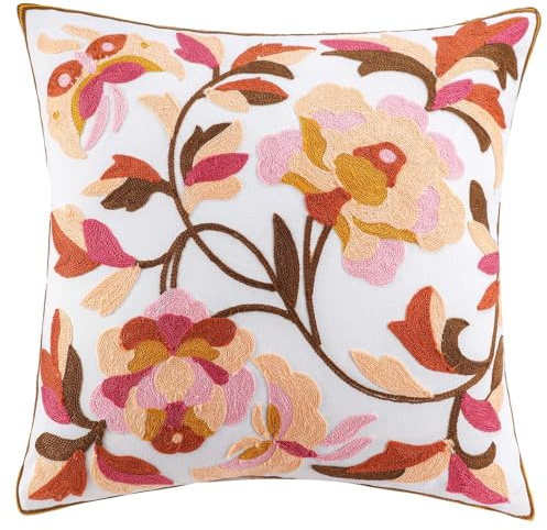 Housse de coussin brodée de fleurs pour coussin, canapé, décoration d'intérieur, taie d'oreiller douce et confortable avec fermeture éclair dissimulée (magnolia, 45 x 45 cm)