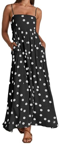 Vestido de verano para mujer, casual, con tirantes delgados, volantes, estampado de lunares, vestido largo con bolsillos, Negro-lunares, L