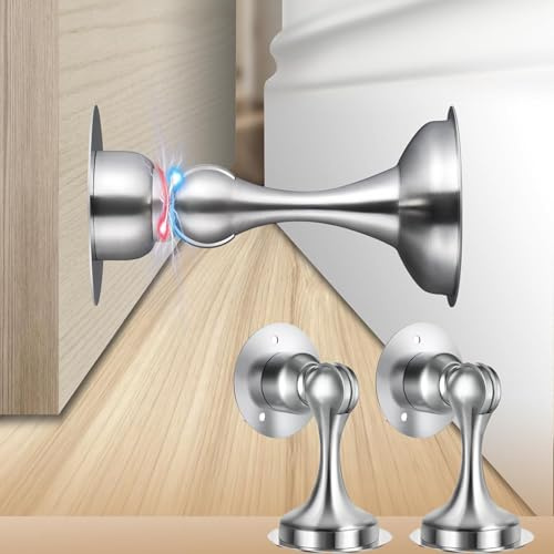 2 StückMagnetischer TüRstopper, Türstopper aus Edelstahl für die Unterseite der Tür mit Starken Magnetc, Wand und Bodenmontage, Ohne Bohren Türschnäpper, TüRstopper mit 3M-Klebebändern (Silber)